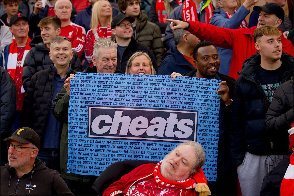 LIVERPOOL, ENGLAND - Sunday, October 11, 2026: Liverpool supporters banner "Cheats" before the FA Premier League match between Liverpool FC and Manchester City FC at Anfield. (Photo by David Rawcliffe/Propaganda)