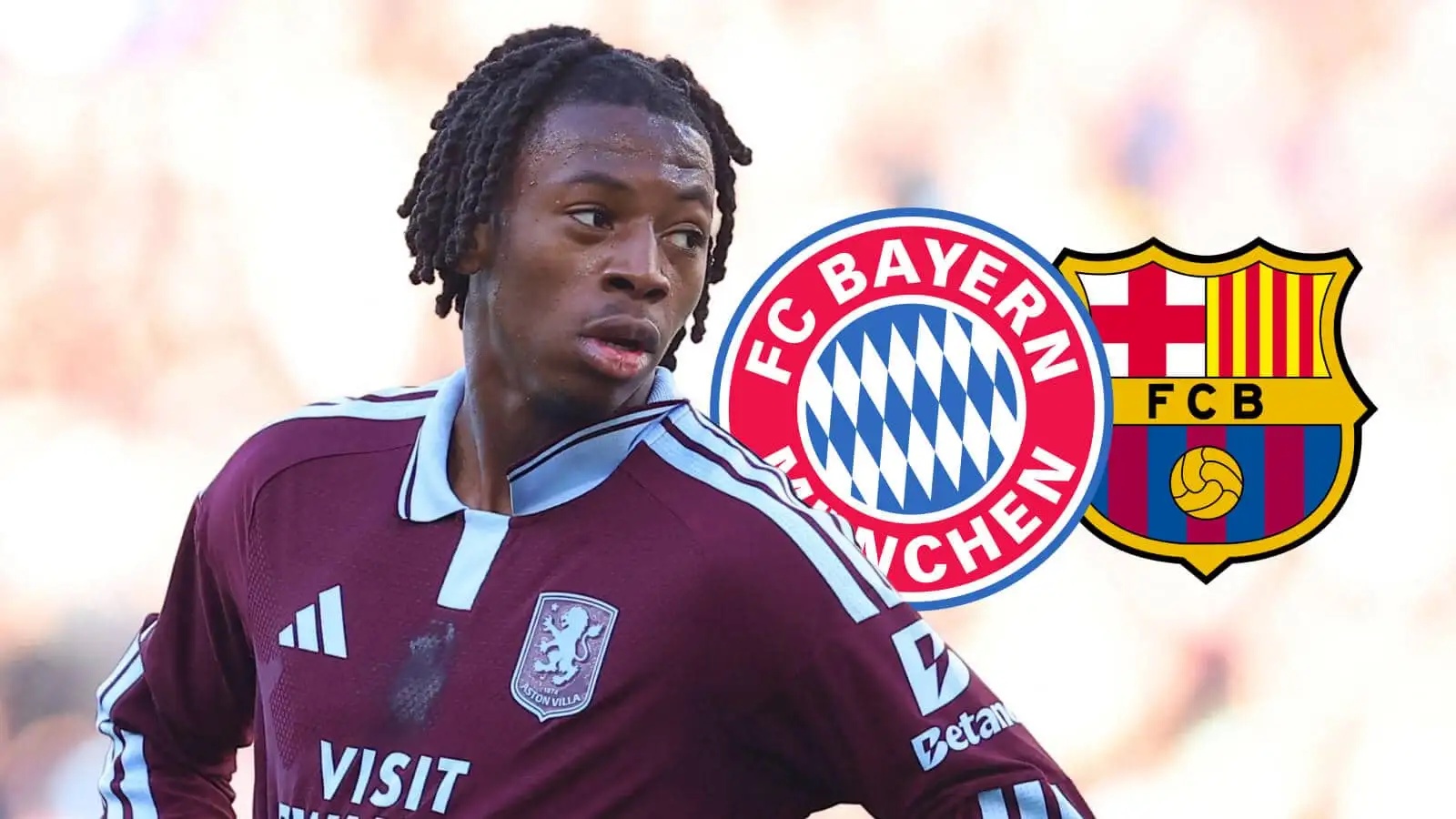 Aston Villa star Johan Manzambi with Bayern Munich and Barcelona badges