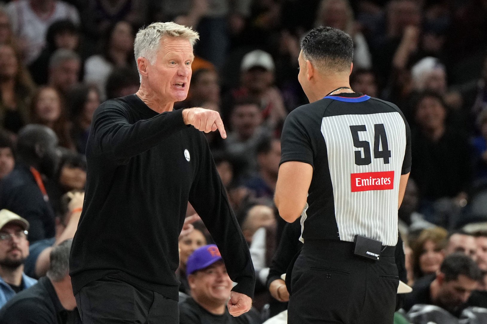 Oct 24, 2026; Phoenix, Arizona, USA;  Golden State Warriors head coach Steve Kerr reacts after getting a technical foul from referee Ray Acosta (54) in the second half during a game against the Phoenix Suns at Mortgage Matchup Center.  Mandatory Credit: Rick Scuteri-Imagn Images
