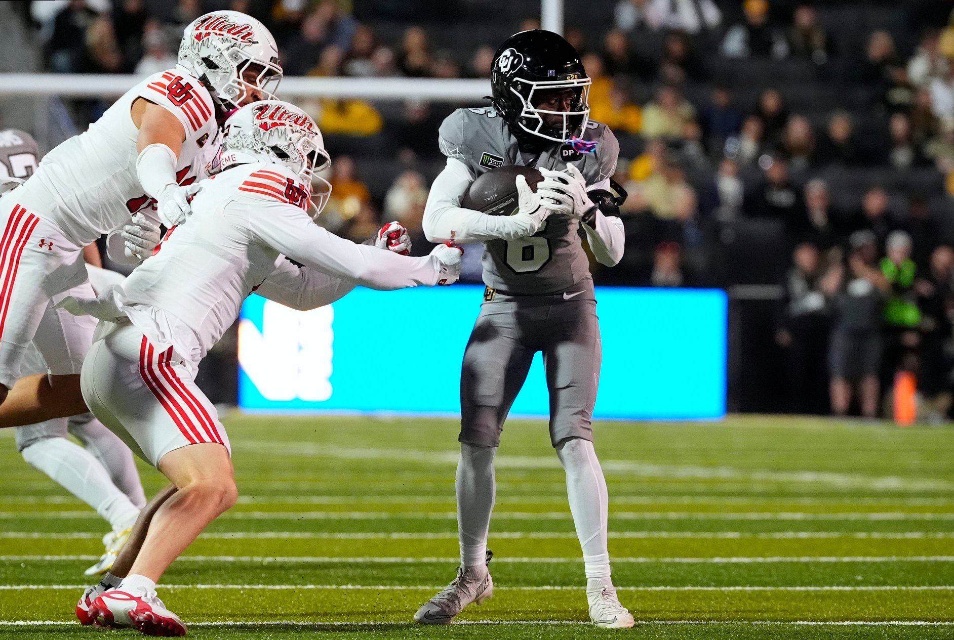 Oct 17, 2026; Boulder, Colorado, USA;  Colorado Buffaloes wide receiver Quentin Gibson (6) gets away from Utah Utes safety Nate Ritchie (6) in the second quarter at Folsom Field.  Mandatory Credit: Ron Chenoy-Imagn Images
