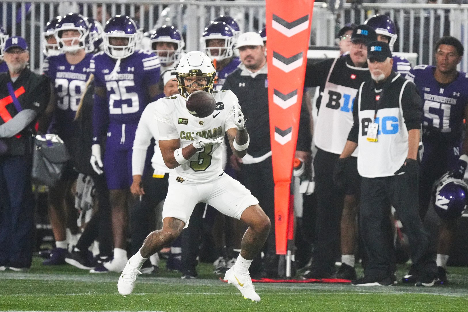 Sep 19, 2026; Evanston, Illinois, USA;  Colorado Buffaloes wide receiver DeAndre Moore Jr. (3) catches a pass against the Northwestern Wildcats during the first half at Northwestern Medicine Field at Martin Stadium.  Mandatory Credit: David Banks-Imagn Images