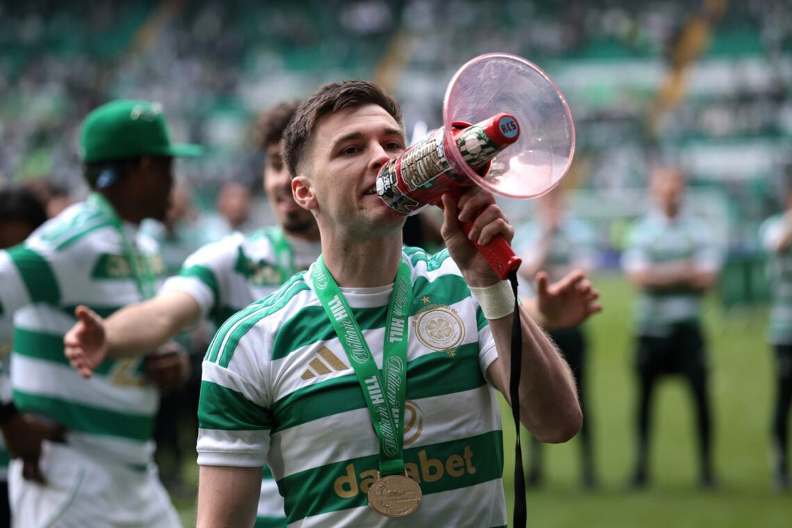 Kieran Tierney celebrates Celtic winning the Premiership title against Heart of Midlothian