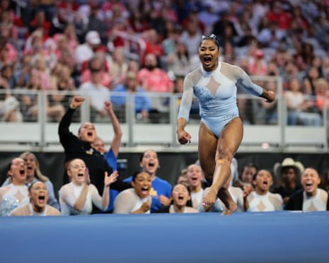 Jordan Chiles of UCLA competes in the floor exercise during the NCAA women’s gymnastics championships at Dickies Arena in Fort Worth, Texas, on 19 April 2025.
