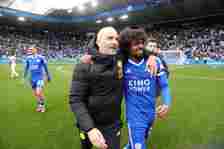 Leicester City Manager Enzo Maresca and Hamza Choudhury of Leicester City celebrate after the Sky Bet Championship match between Leicester City and...