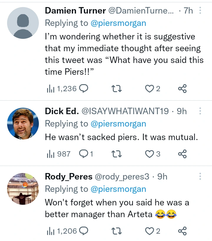 Reactions as Piers Morgan replies a tweet asking who 'Tottenham's new manager will be'.