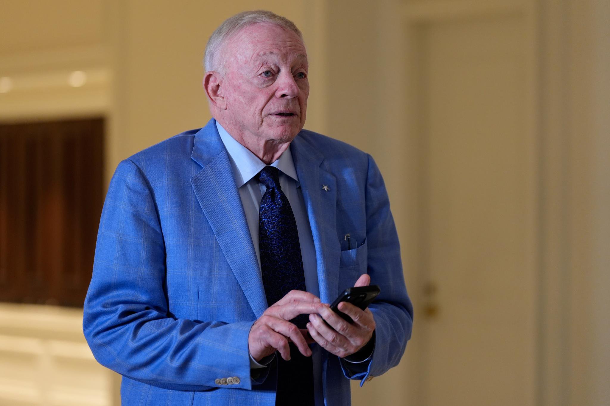 Dallas Cowboys owner Jerry Jones arrives for the NFL owners meetings in New York.