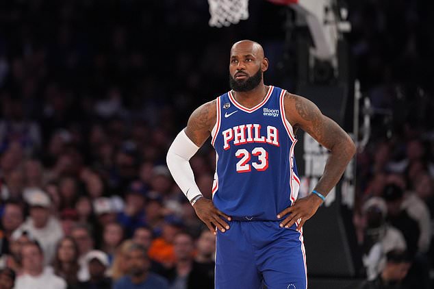 Philadelphia 76ers forward LeBron James looks on during the second half of an NBA basketball game against the New York Knicks Tuesday, Oct. 20, 2026, in New York. (AP Photo/Frank Franklin II)