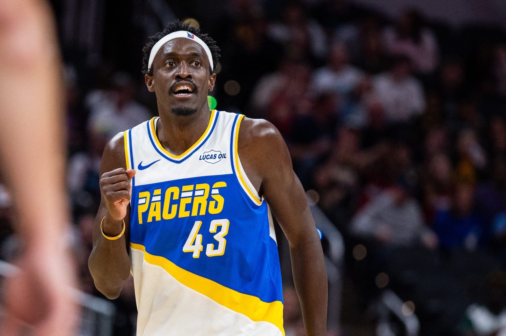Mar 29, 2026; Indianapolis, Indiana, USA; Indiana Pacers forward Pascal Siakam (43) celebrates a made shot in the first half against the Miami Heat at Gainbridge Fieldhouse. Mandatory Credit: Trevor Ruszkowski-Imagn Images