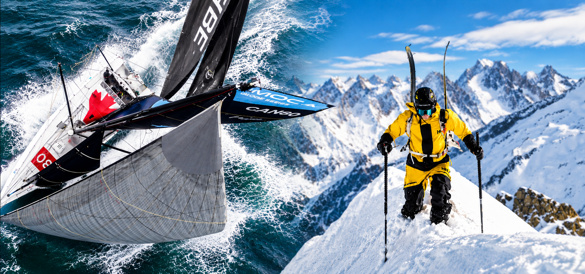 Bildmontage: Links der IMOCA von Canada Ocean Racing unter Segeln, rechts ein Bergsteiger in gelber Ausrüstung auf einem verschneiten Alpengrat.