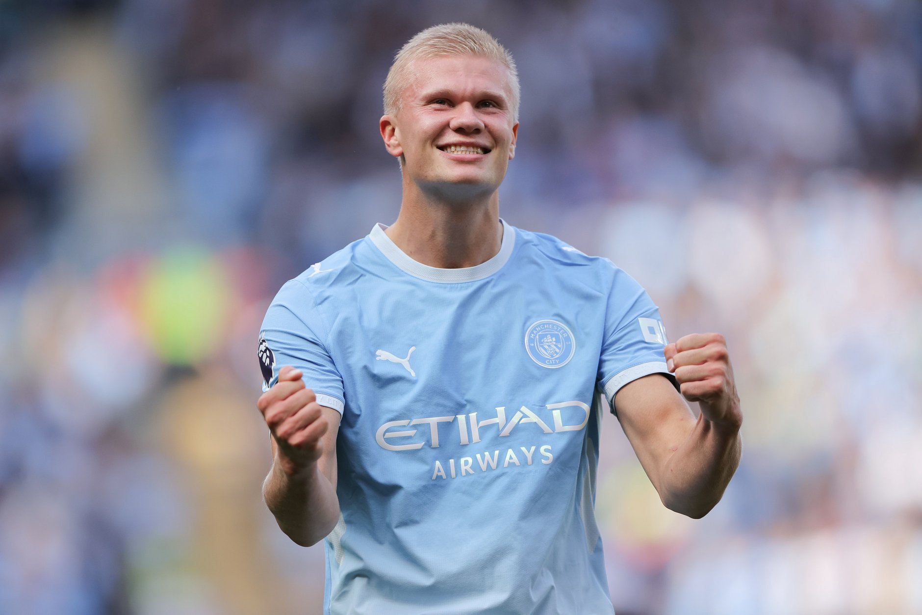 Erling Haaland celebrates after scoring for Manchester City against Coventry City.