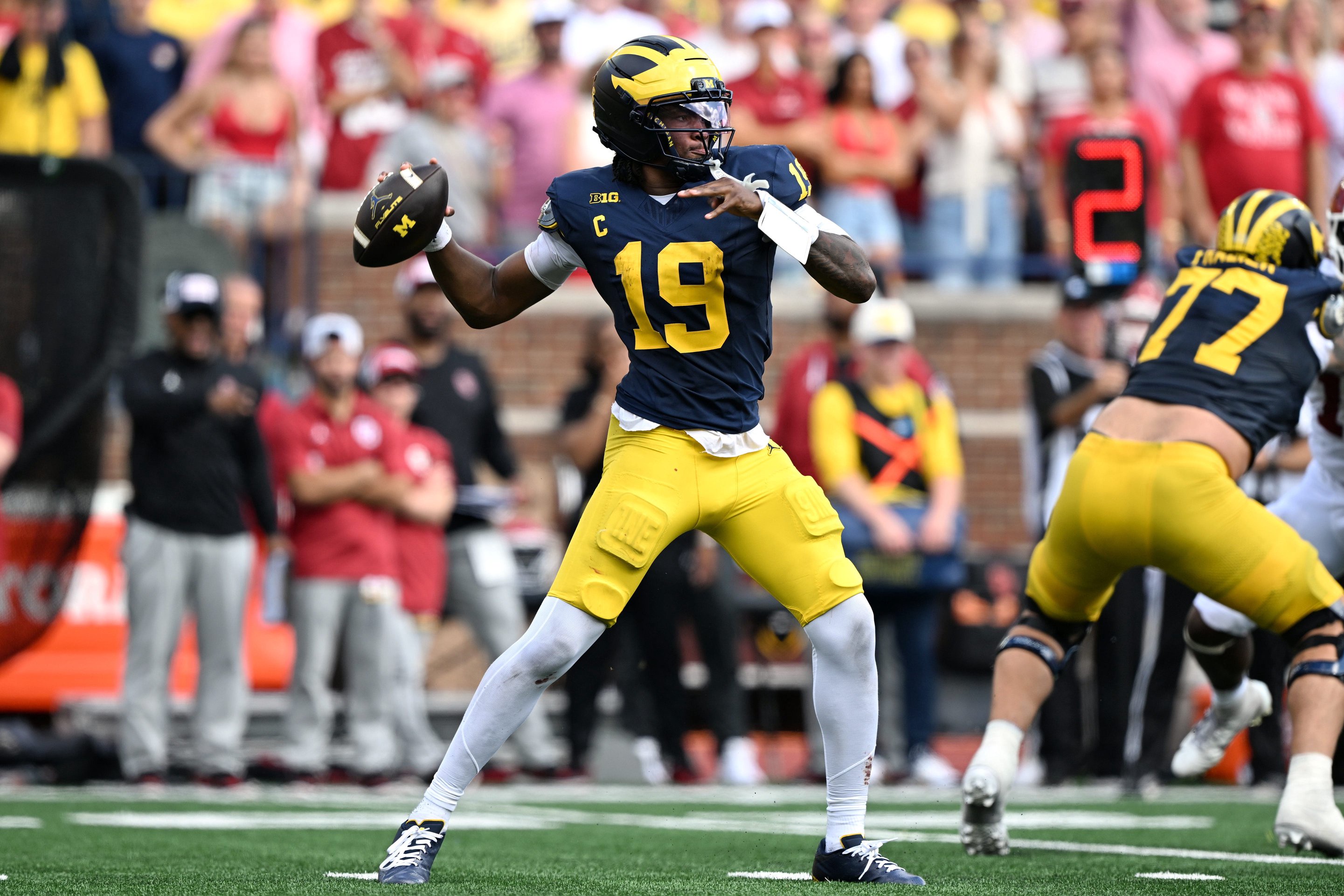 Sep 12, 2026; Ann Arbor, Michigan, USA;  Michigan Wolverines quarterback Bryce Underwood (19) passes the ball against the Oklahoma Sooners during the fourth quarter at Michigan Stadium.  Mandatory Credit: Lon Horwedel-Imagn Images