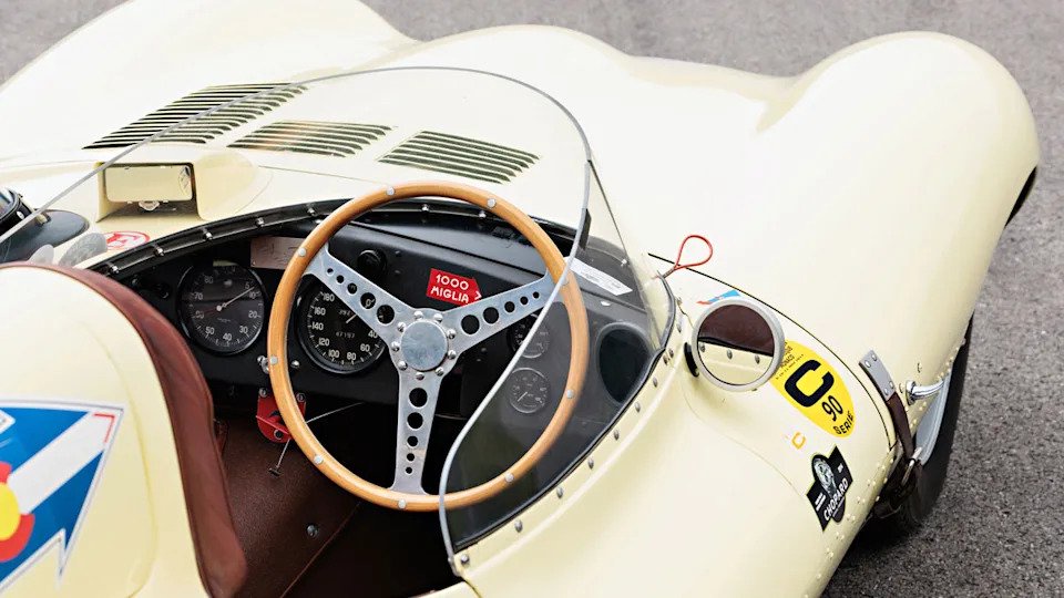 A look inside the cockpit of a 1956 Jaguar D-Type.