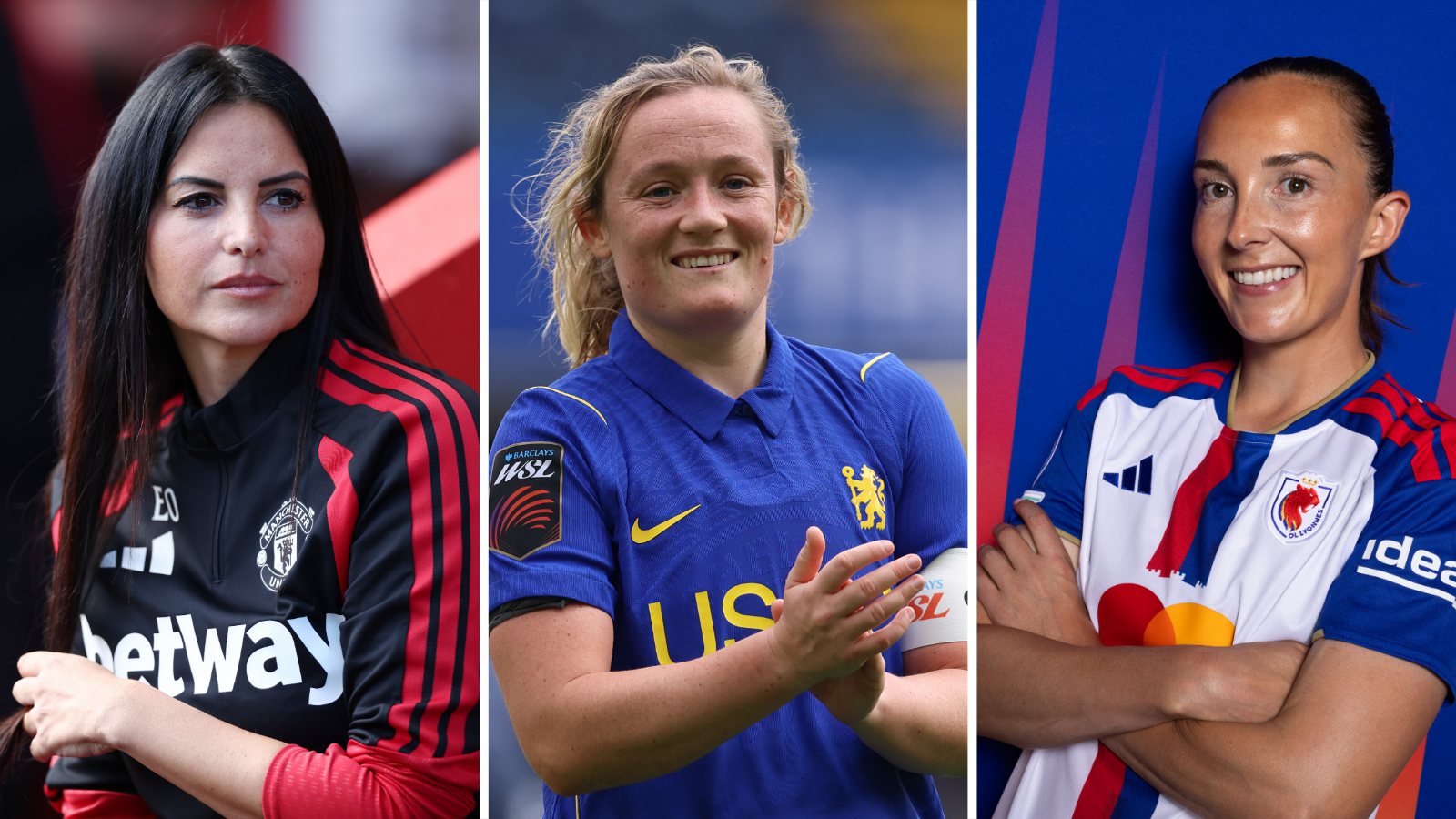 Manchester United's Eva Olid, Chelsea's Erin Cuthbert and Lyon's Caroline Weir