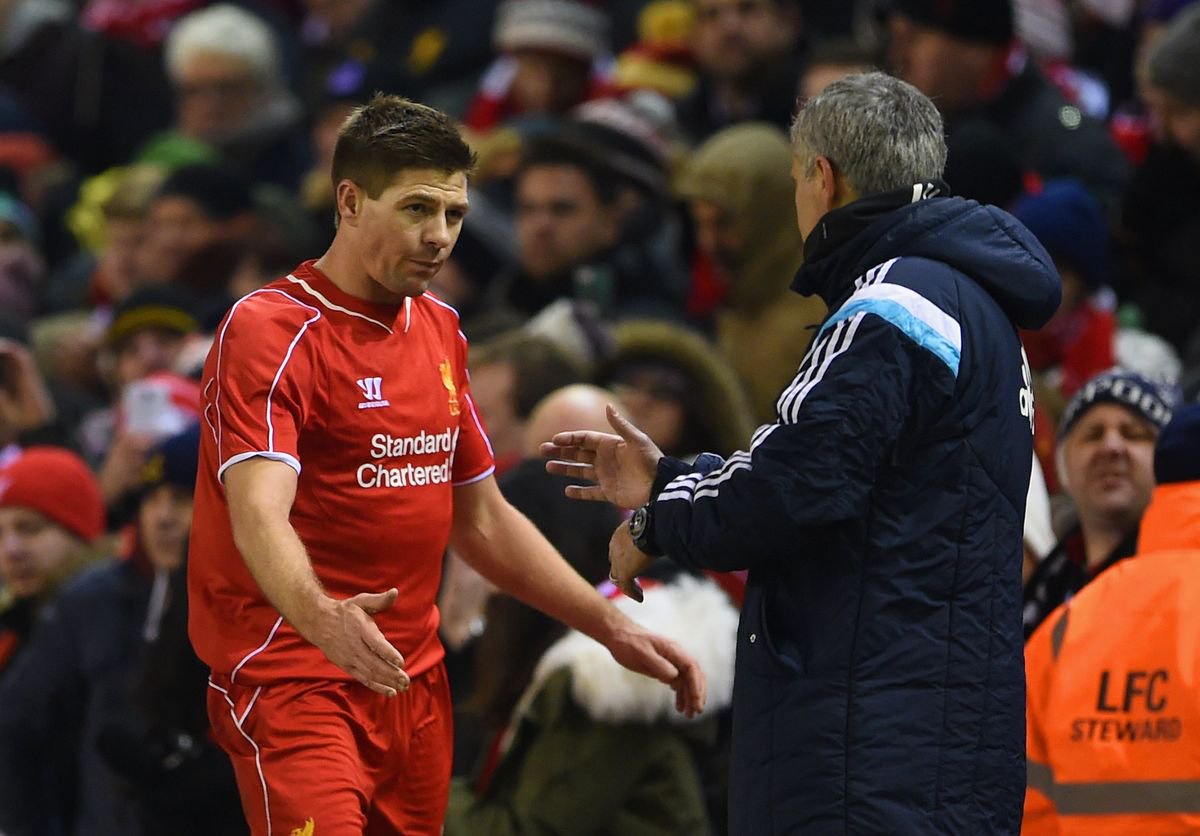 Steven Gerrard, formerly of Liverpool, shakes hands with Jose Mourinho, formerly the manager of Chelsea
