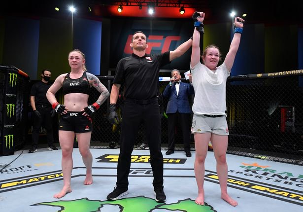 LAS VEGAS, NEVADA - NOVEMBER 14: Cory McKenna of Wales reacts after her victory over Kay Hansen in a strawweight fight during the UFC Fight Night event at UFC APEX on November 14, 2020 in Las Vegas, Nevada