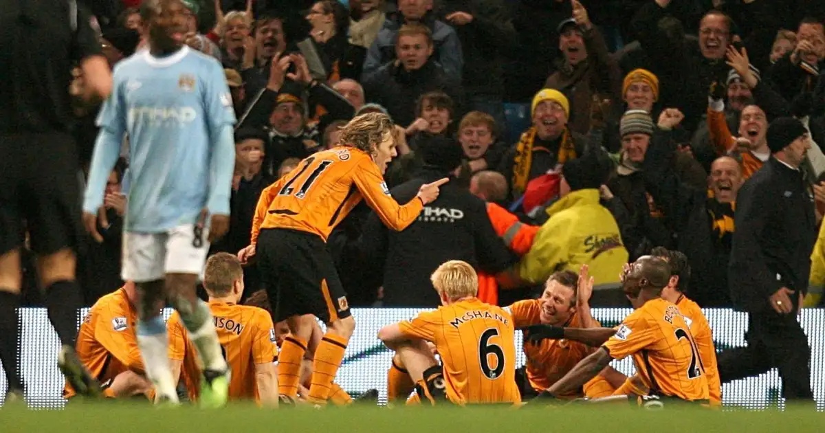 Hull City's Jimmy Bullard celebrates scoring by imitating Phil Brown. November 2009.