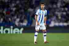 Martin Zubimendi of Real Sociedad looks on during the LaLiga EA Sports match between Real Sociedad and UD Almeria at Reale Arena on April 14, 2024 ...