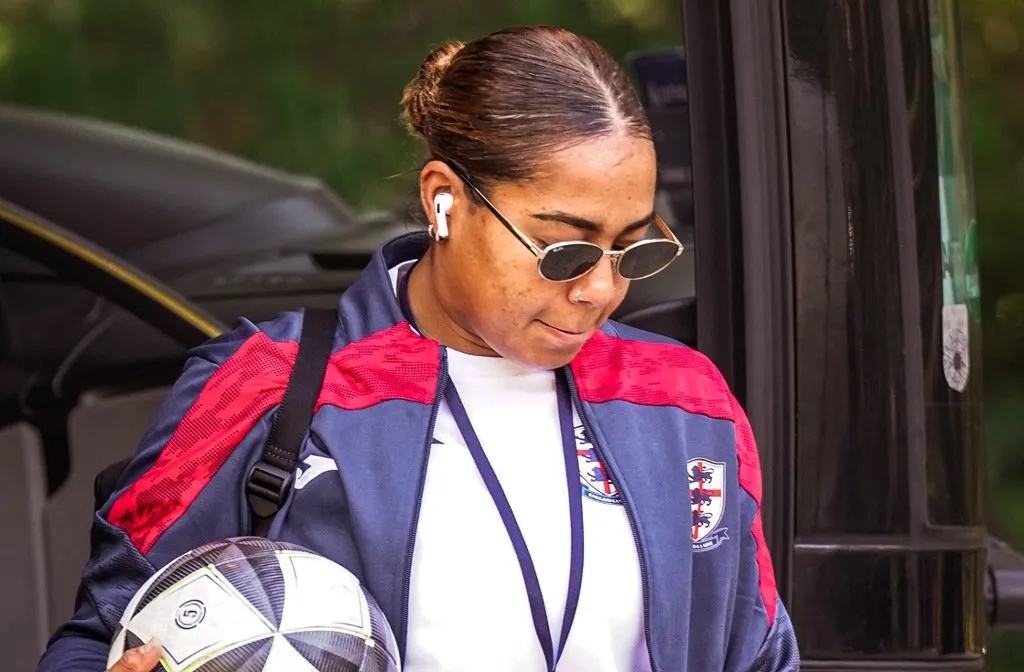 Footballer, Savana Fearon stepping off a coach as part of the England Women's Mini Football world cup squad.