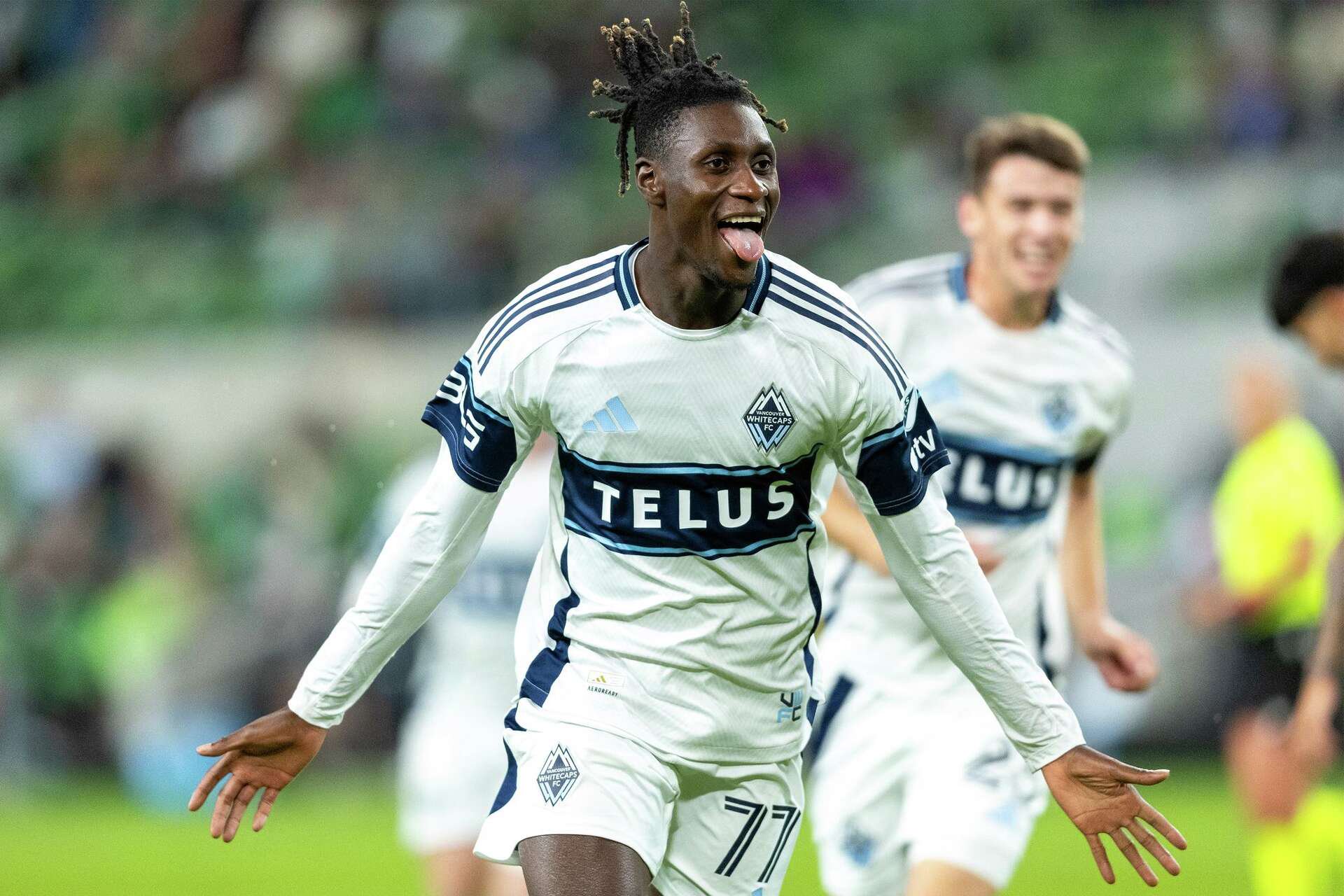 Vancouver Whitecaps forward Yadaly Diaby (77) celebrates a goal against Austin FC during the second half of an MLS soccer match in Austin, Texas, Saturday, Oct. 17, 2026.