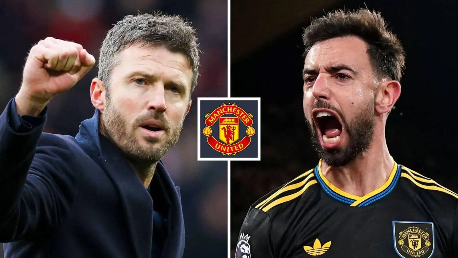Michael Carrick and Bruno Fernandes next to the Manchester United badge