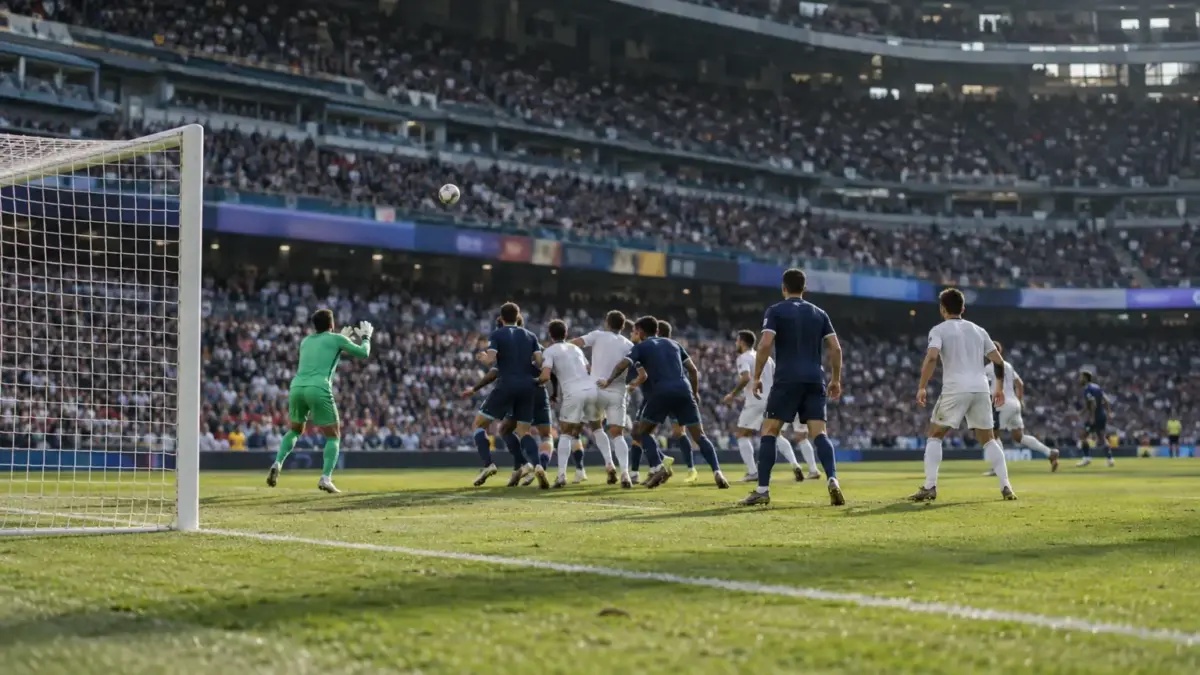 A goalkeeper claims a corner during a quiet set-piece moment at the Santiago Bernabéu.