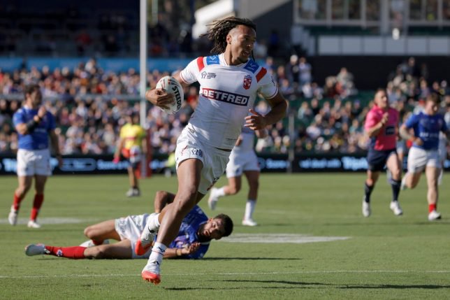 Domonic Young, front, of England scores a try during the rugby league World Cup game between England and France in Perth, Australia, Saturday, Oct. 24, 2026. (Richard Wainwright/AAPImage via AP)