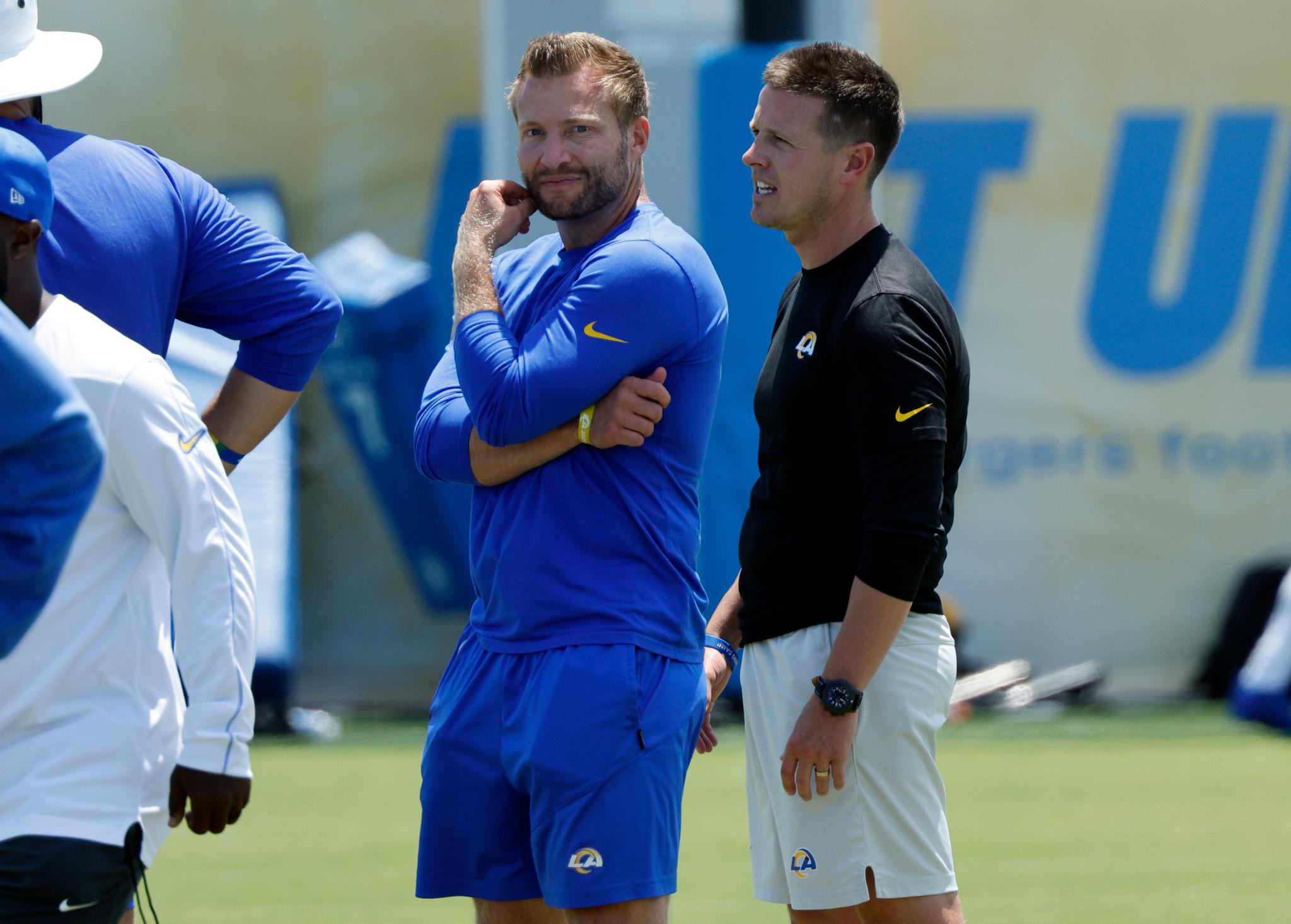 Los Angeles Rams head coach Sean McVay and general manager Les Snead watching practice.