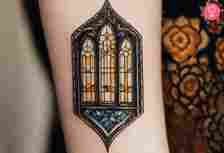 A yellow stained glass cathedral window tattoo on the forearm