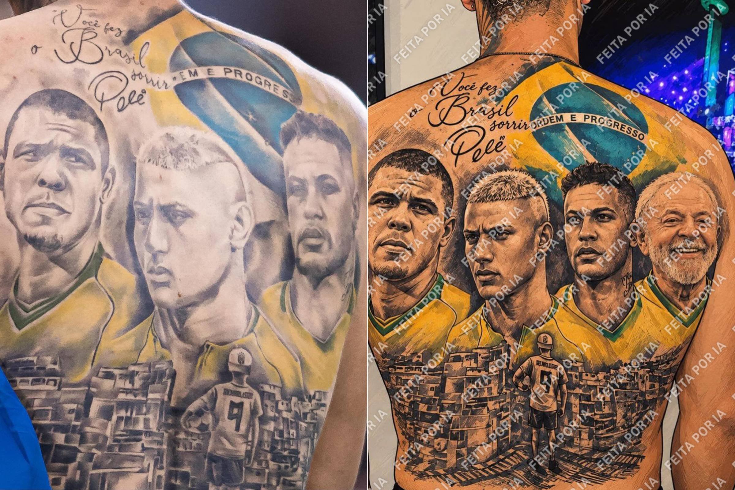 Tatuagem cobrindo as costas de uma pessoa mostra quatro jogadores de futebol brasileiros com camisas amarelas, acima de uma favela detalhada. Acima dos rostos, há uma faixa com as cores da bandeira do Brasil e a frase 'Ordem e Progresso'. No topo, está escrito 'Que seja Brasil sorria Pelé'.