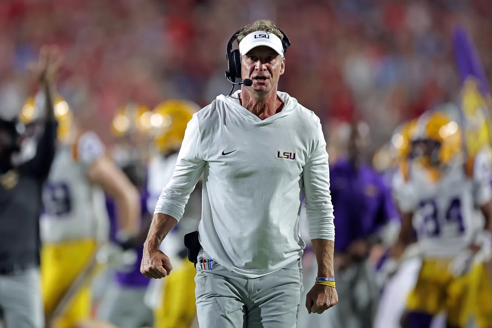 Lane Kiffin on sidelines for LSU Tigers during Ole Miss game