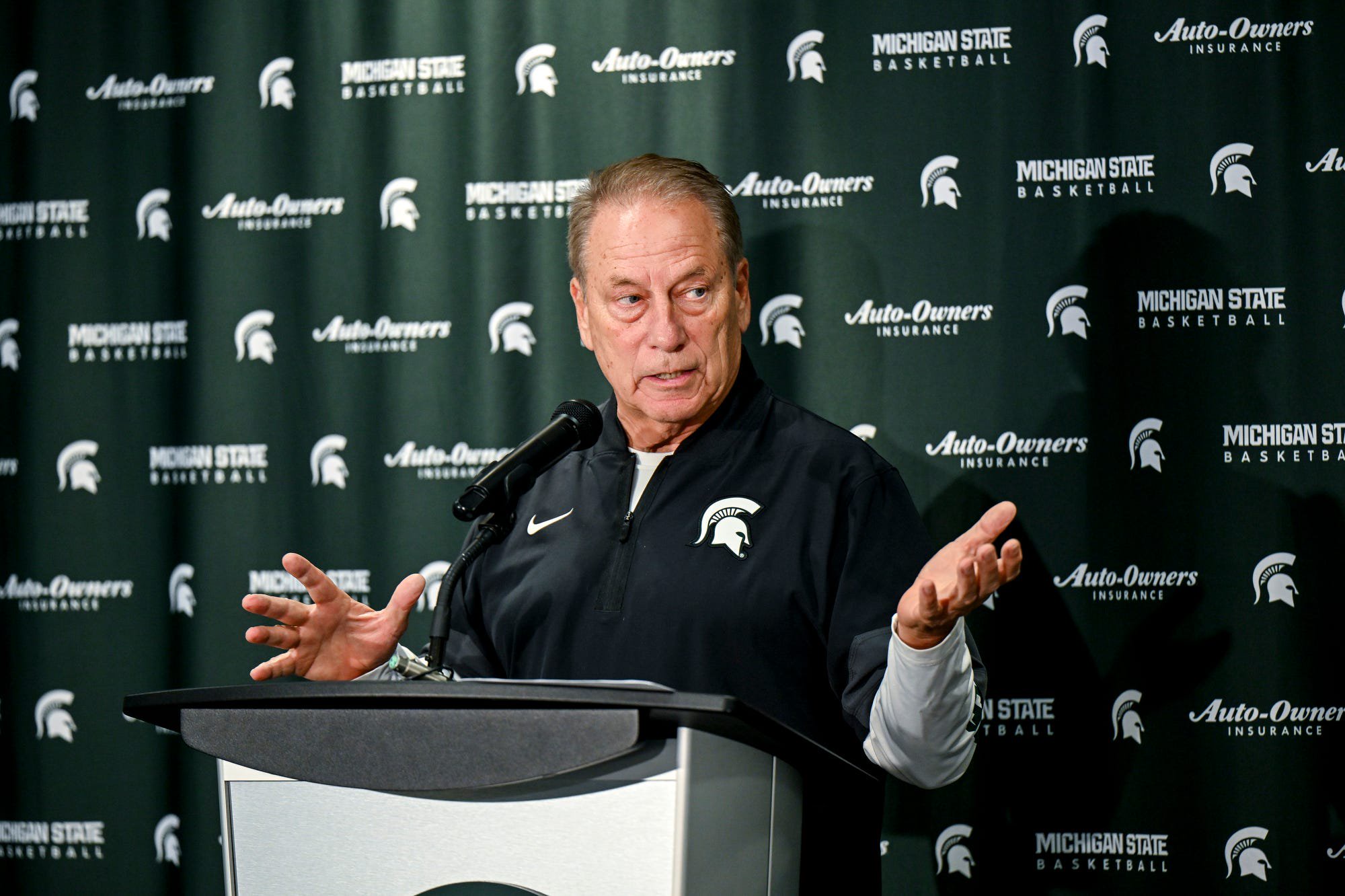 Michigan State men’s basketball coach Tom Izzo speaks during media day on Thursday, Oct. 15, 2026, at the Breslin Center in East Lansing.