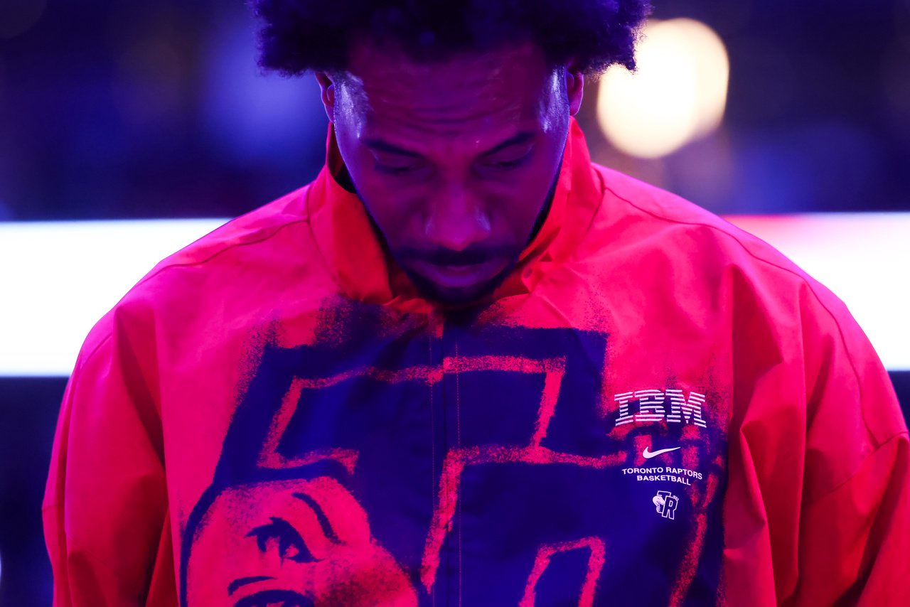 TORONTO, CANADA - OCTOBER 21: Kawhi Leonard #2 of the Toronto Raptors looks on during the national anthem prior to play against the Chicago Bulls ahead of their NBA game at Scotiabank Arena on October 21, 2026 in Toronto, Canada. NOTE TO USER: User expressly acknowledges and agrees that, by downloading and or using this photograph, User is consenting to the terms and conditions of the Getty Images License Agreement. (Photo by Cole Burston/Getty Images)