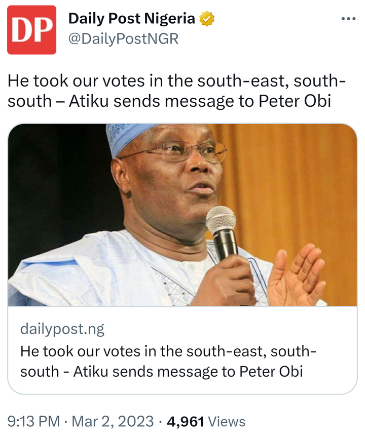 Today's Headlines: Atiku sends message to Obi, Accept Tinubu's victory as a will of God-Aisha Buhari