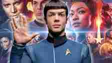 A composite image includes images from many Star Trek series with Strange New Worlds' Spock at the center