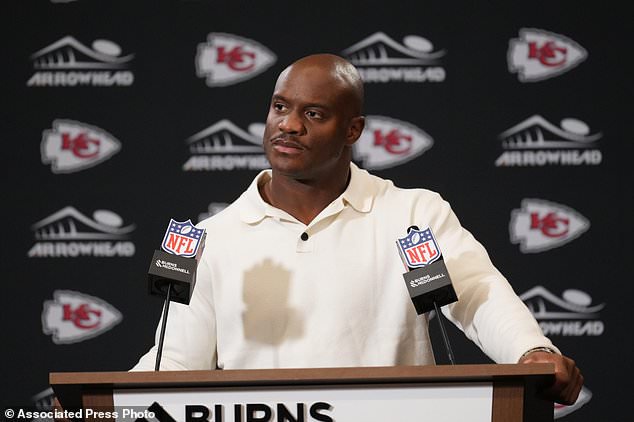 Kansas City Chiefs running back Kenneth Walker III (9) listens to a question during a news conference after an NFL football game against the Los Angeles Chargers in Kansas City, Mo., Sunday, Oct. 18, 2026. (AP Photo/Charlie Riedel)