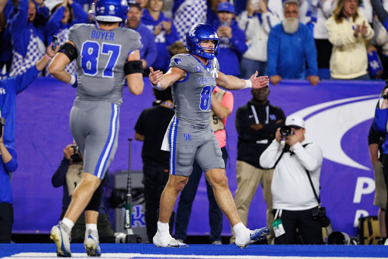 Oct 24, 2026; Lexington, Kentucky, USA;  Kentucky Wildcats tight end Willie Rodriguez (81) celebrates after scoring a touchdown during the second quarter against the Vanderbilt Commodores at Kroger Field.  Mandatory Credit: Jordan Prather-Imagn Images