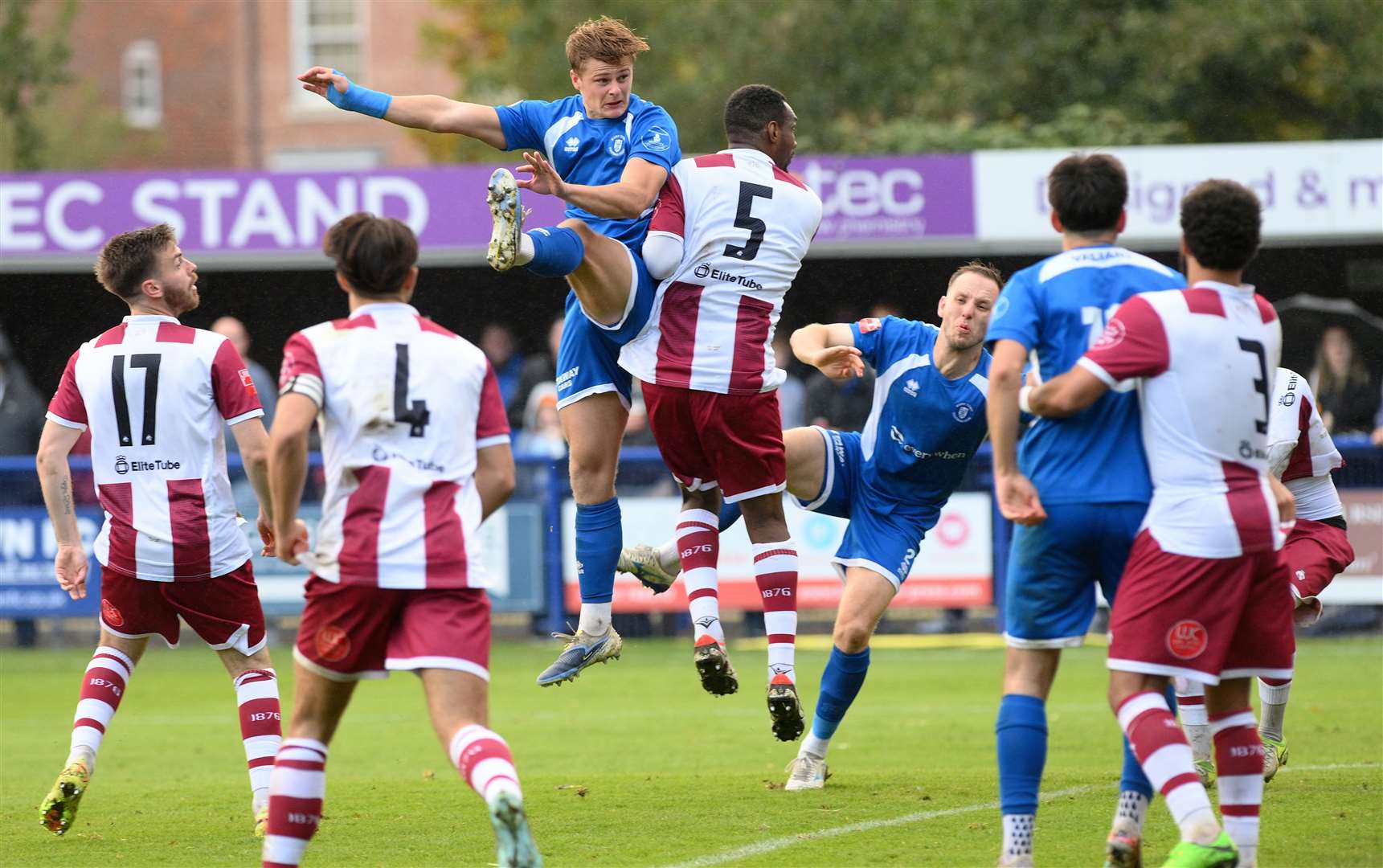 Bury defender Joe Carroll wins a battle in the air against Stourbridge. Picture: Mecha Morton