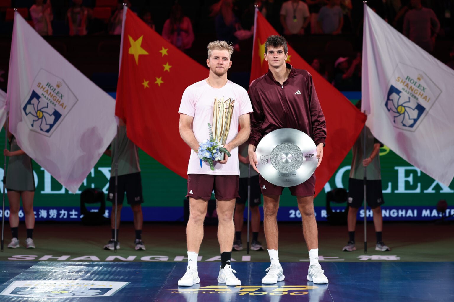 Alejandro Davidovich Fokina and Rafael Jodar hold their trophies in Shanghai.