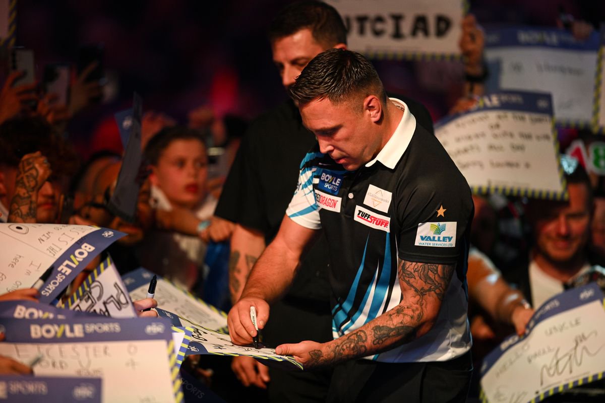 Gerwyn Price of Wales walks out before day six of the Boyle Sports World Grand Prix at Mattioli Arena