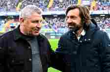 Andrea Pirlo, head coach of Sampdoria (right), greets Osian Roberts, head coach of Como, prior to kick-off in the Serie B match between UC Sampdoria and Como at Stadio Luigi Ferraris on April 27, 2024 in Genoa, Italy.