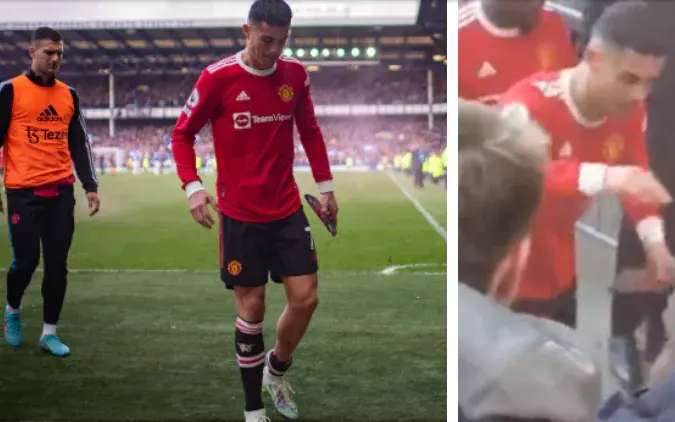 Cristiano Ronaldo (left) limps off the field before his outburst (right)