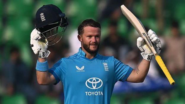 Ben Duckett celebrates a century v Sri Lanka