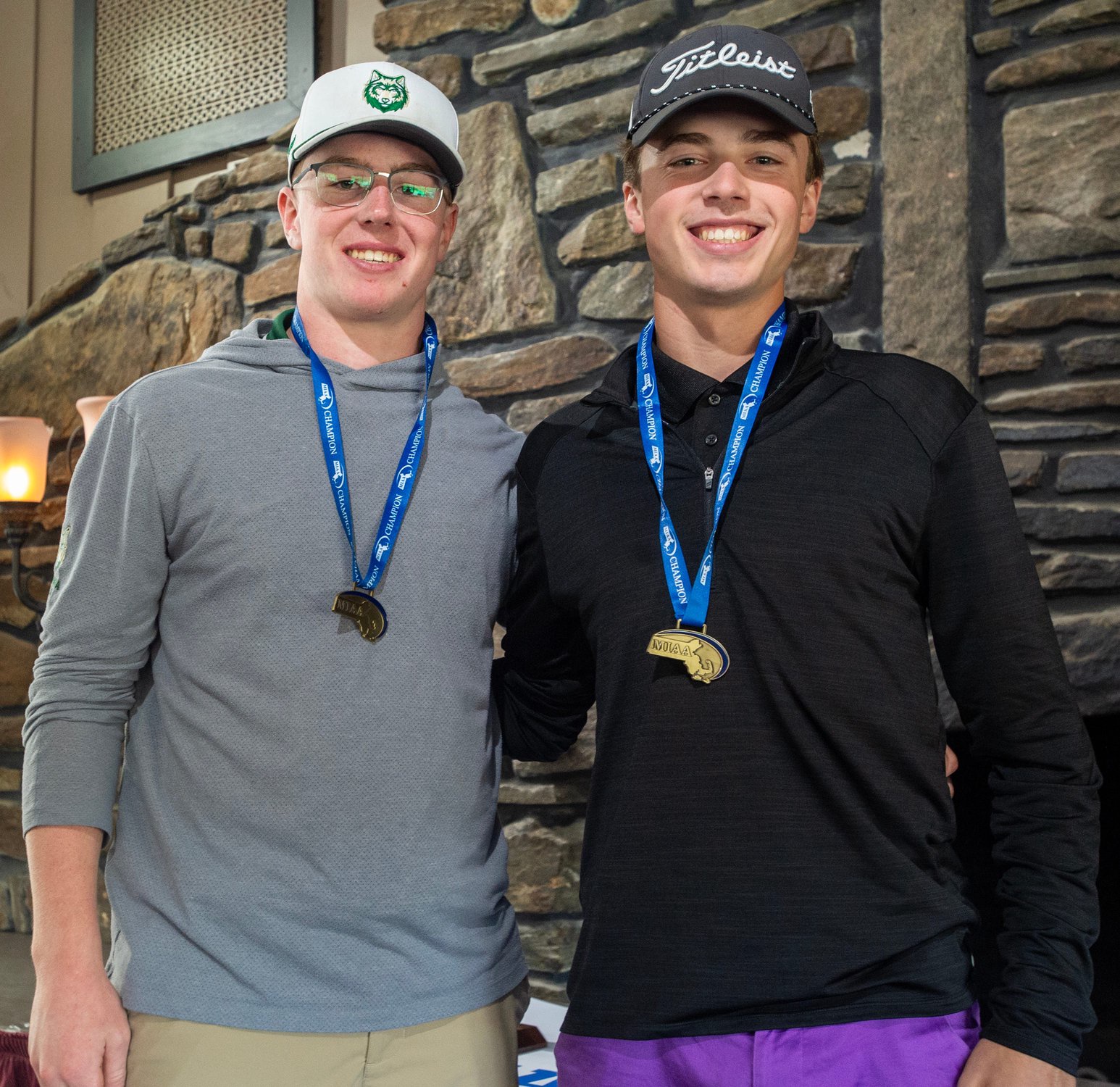 Nashoba Regional High School’s Nolan Engelhardt, left, and Blackstone Valley Tech’s Leopaul Gamelin were co-individual medalists at the Division 2 Central Sectional Golf Tournament at the Heritage Country Club in Charlton, Oct. 15, 2025.