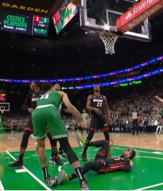 Jayson Tatum rolled his ankle on this play when he landed on the foot of Gabe Vincent