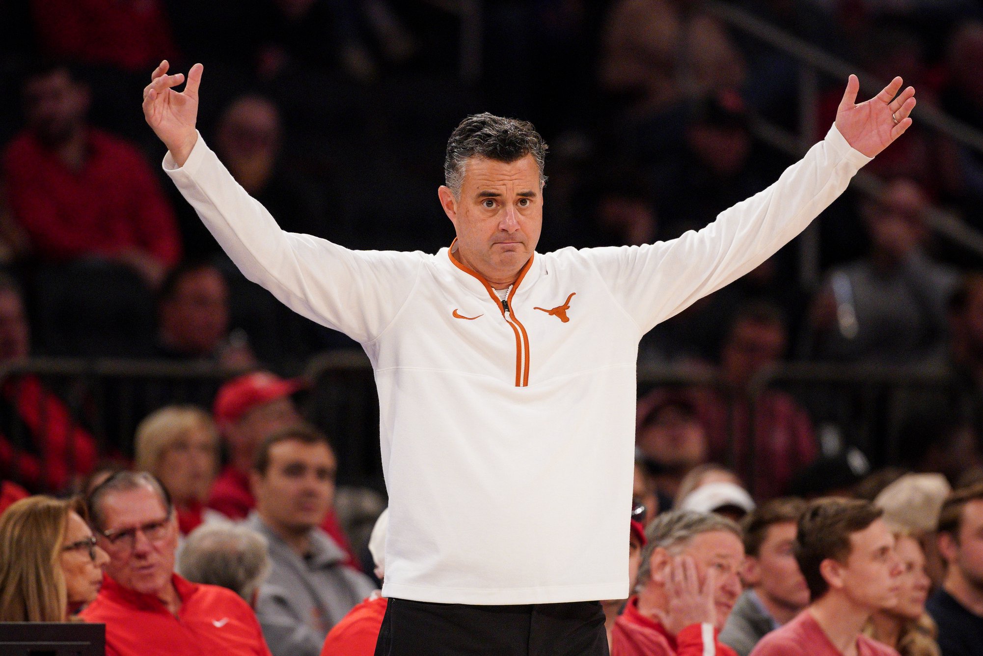 NEW YORK, NEW YORK - OCTOBER 25: Head Coach Sean Miller of the Texas Longhorns instructs his team in the second half against the St. John's Red Storm at Madison Square Garden on October 25, 2026 in New York City. (Photo by Evan Bernstein/Getty Images)