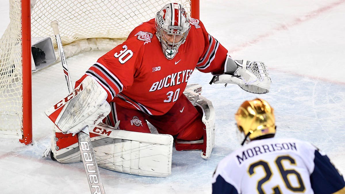Sean Romeo makes a save during a game in South Bend, Indiana.