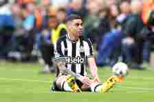 Miguel Almiron of Newcastle United goes down with an injury during the Premier League match between Newcastle United and West Ham United at St. Jam...