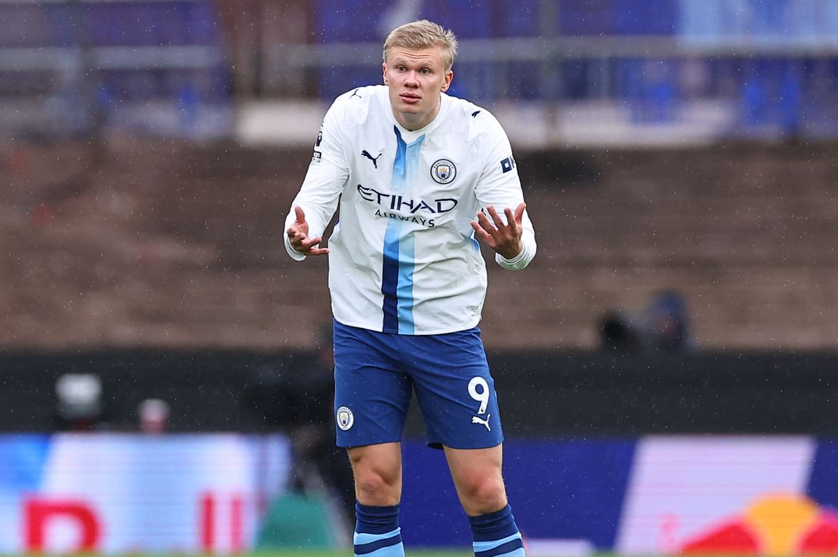 Erling Haaland of Manchester City reacts  during the Premier League 2026/27 match between Aston Villa FC and Manchester City at Villa Park