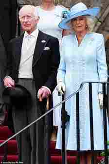 Queen Camilla has stepped out looking supremely elegant in an all blue ensemble (The Queen is pictured with King Charles at the the Sovereign's Garden Party held at the Palace of Holyroodhouse in Edinburgh today)