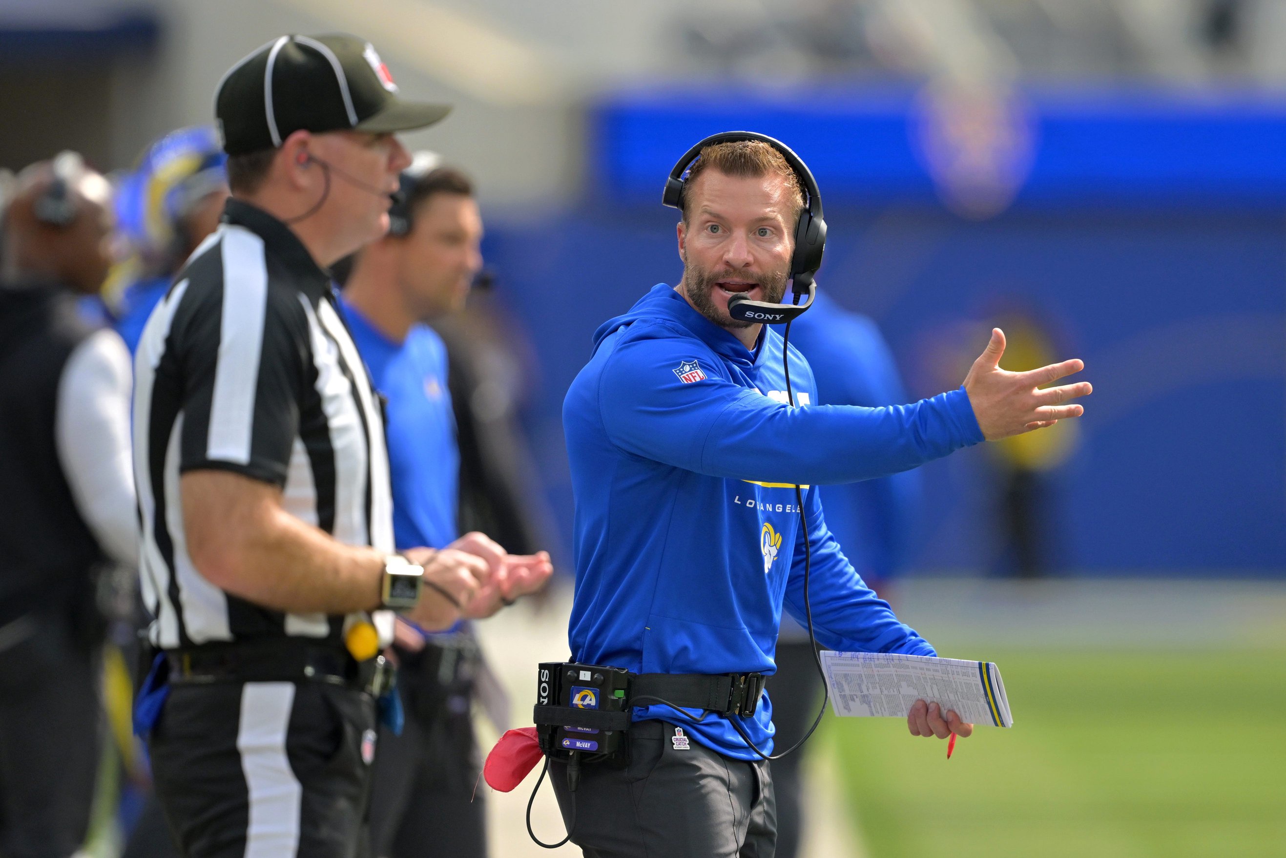 Oct 18, 2026; Inglewood, California, USA;  Los Angeles Rams head coach Sean McVay reacts in the first quarter against the Arizona Cardinals at SoFi Stadium.  Mandatory Credit: Jayne Kamin-Oncea-Imagn Images
